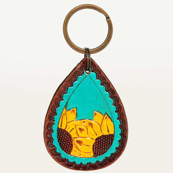 LC-ADKR185 Hand-Tooled Leather Keyring � Teardrop with Dual Sunflower & Turquoise Inlay