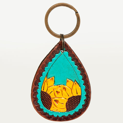 LC-ADKR185 Hand-Tooled Leather Keyring   Teardrop with Dual Sunflower & Turquoise Inlay