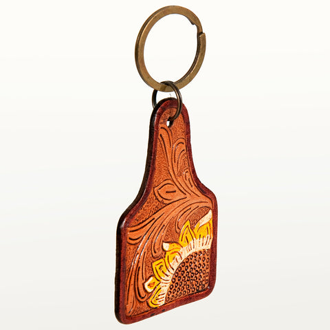 ADKR187 Hand-Tooled Leather Sunflower keyring   Western Floral Scroll Design