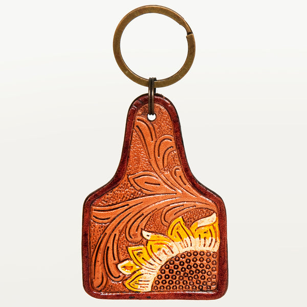 ADKR187 Hand-Tooled Leather Sunflower keyring � Western Floral Scroll Design