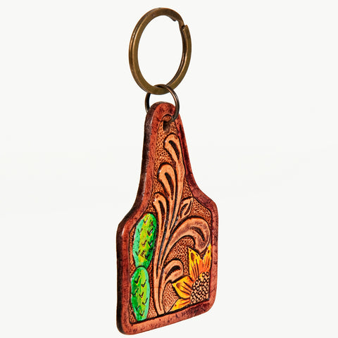 ADKR188 Hand-Tooled Leather Sunflower Keyring   Western Floral Scroll Design