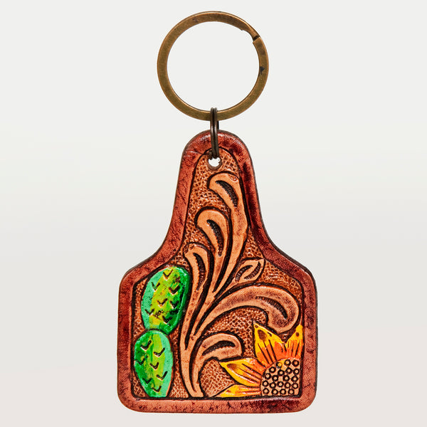 ADKR188 Hand-Tooled Leather Sunflower Keyring � Western Floral Scroll Design