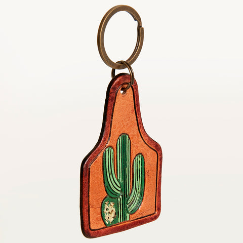 LC-ADKR190 Hand-Tooled Leather Cactus Keyring   Western Desert Design