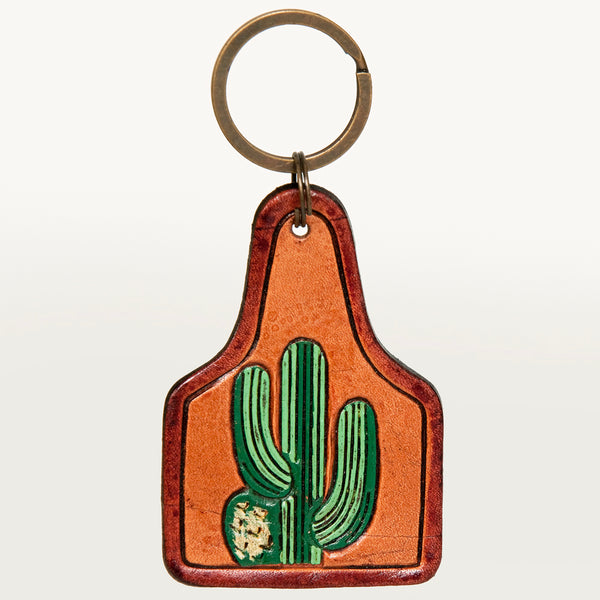 LC-ADKR190 Hand-Tooled Leather Cactus Keyring � Western Desert Design