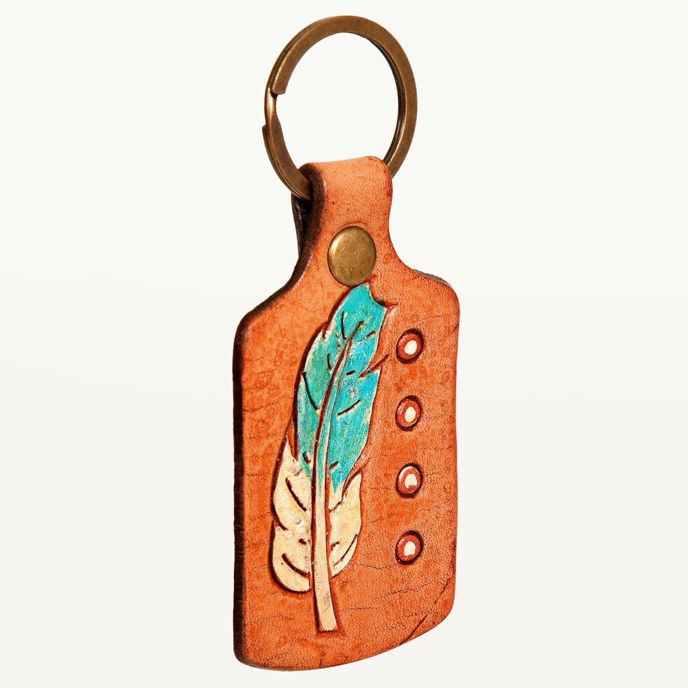 LC-ADKR195 Hand-Tooled Leather Feather Keyring   Teal & Ivory with Dot Accents