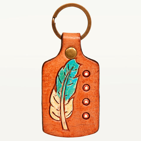 LC-ADKR195 Hand-Tooled Leather Feather Keyring   Teal & Ivory with Dot Accents
