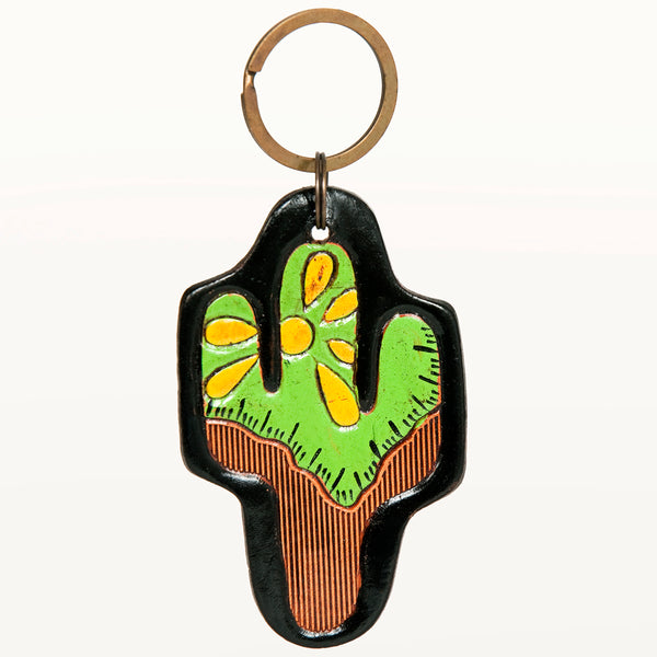 LC-ADKR197 Hand-Tooled Leather Cactus Keyring � Bright Green with Yellow Floral Accents