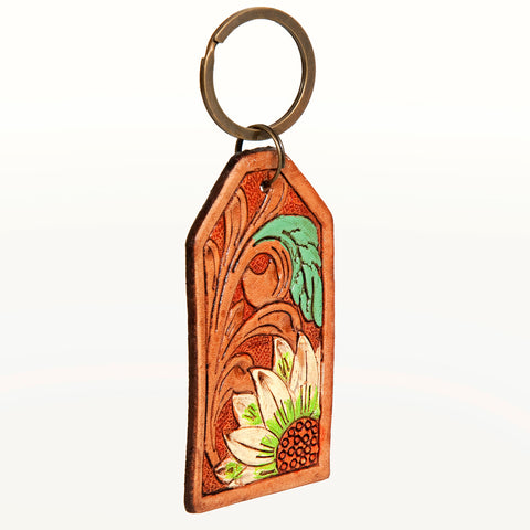 ADKR199 Hand-Tooled Leather Keyring   White Sunflower with Green Leaf & Western Scrolls
