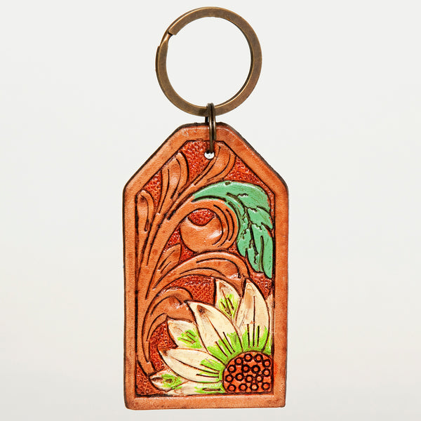 ADKR199 Hand-Tooled Leather Keyring � White Sunflower with Green Leaf & Western Scrolls
