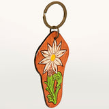 LC-ADKR200 Hand-Tooled Leather Keyring � White Sunflower with Green Leaf & Western Scrolls