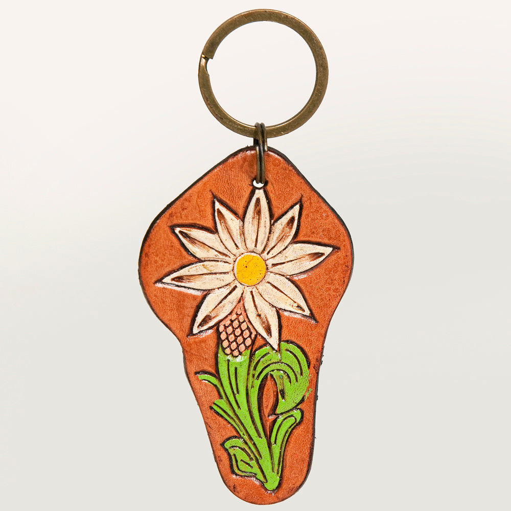LC-ADKR200 Hand-Tooled Leather Keyring   White Sunflower with Green Leaf & Western Scrolls