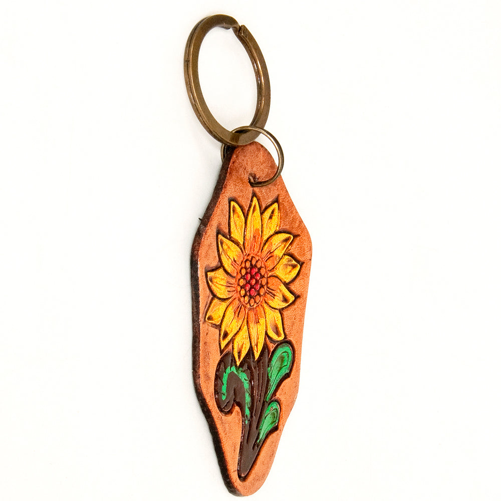 LC-ADKR201 Hand-Tooled Leather Sunflower Keyring   Freeform Shape with Bold Yellow Petals