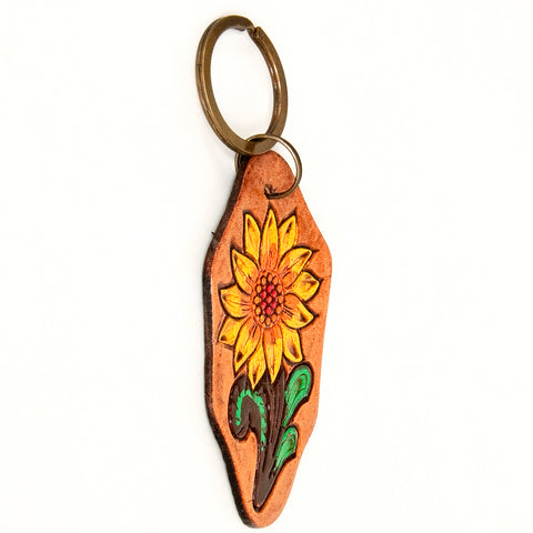LC-ADKR201 Hand-Tooled Leather Sunflower Keyring   Freeform Shape with Bold Yellow Petals