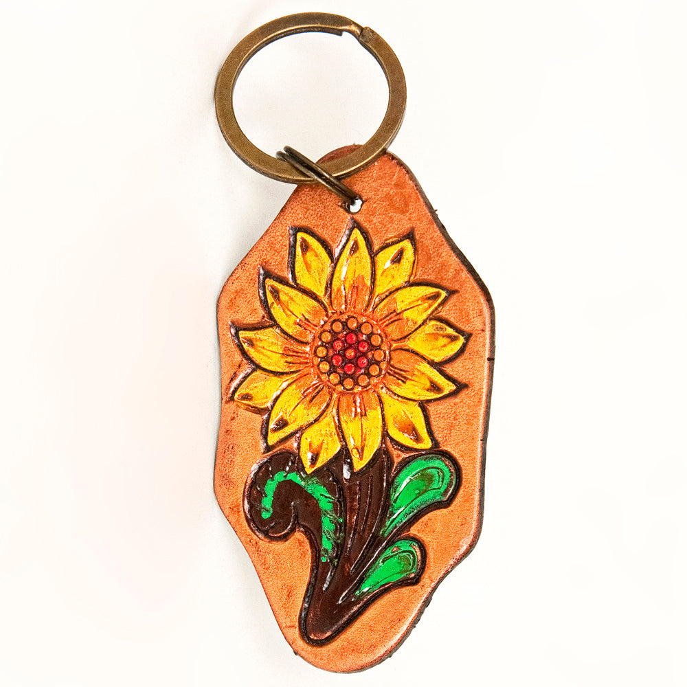 LC-ADKR201 Hand-Tooled Leather Sunflower Keyring   Freeform Shape with Bold Yellow Petals