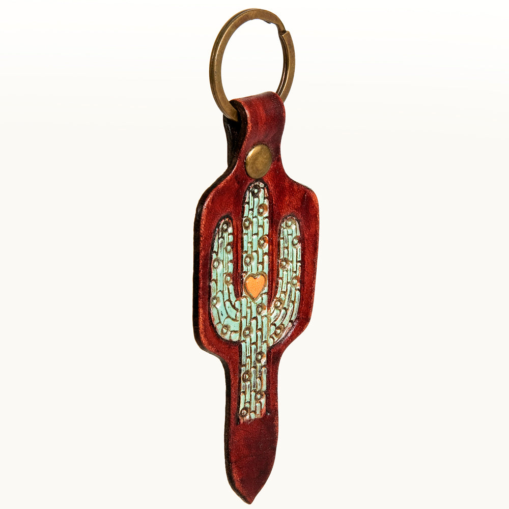 ADKR202 Hand-Tooled Leather Cactus Keyring   Turquoise Mosaic with Heart Detail