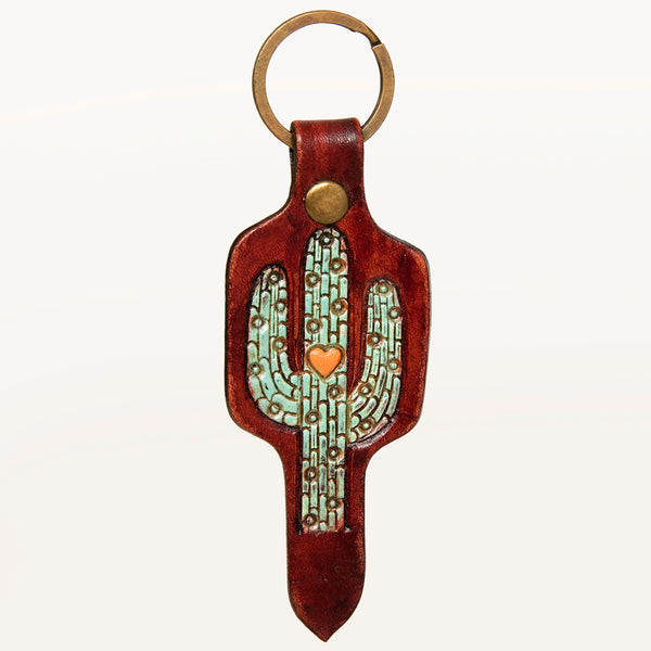 ADKR202 Hand-Tooled Leather Cactus Keyring � Turquoise Mosaic with Heart Detail