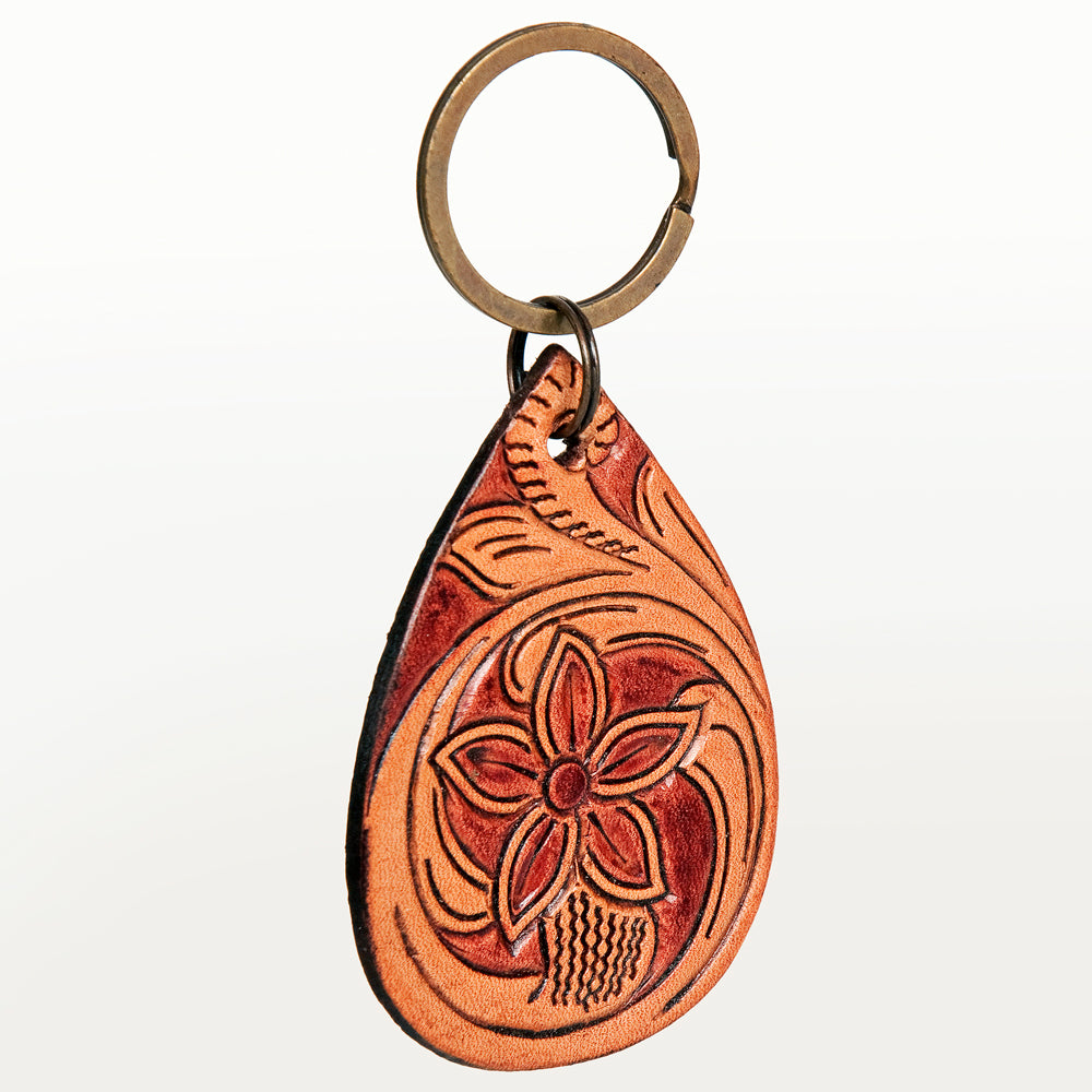 LC-ADKR205 Hand-Tooled Leather keyring � Teardrop with Western Floral Scrollwork