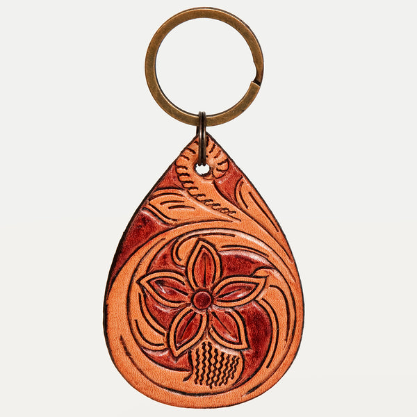 LC-ADKR205 Hand-Tooled Leather keyring � Teardrop with Western Floral Scrollwork