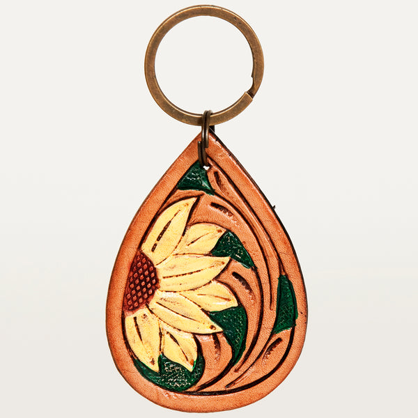 LC-ADKR206 Hand-Tooled Leather Keyring � Teardrop with Western Floral Scrollwork