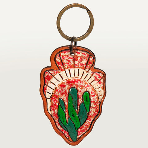 LC-ADKR207 Hand-Tooled Leather Keyring   Arrowhead Shape with Green Cactus & Red Speckled Background