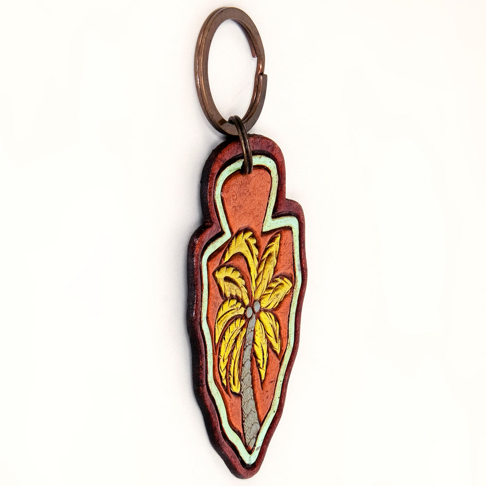 LC-ADKR208 Hand-Tooled Leather Keyring   Arrowhead Shape with Green Cactus & Red Speckled Background