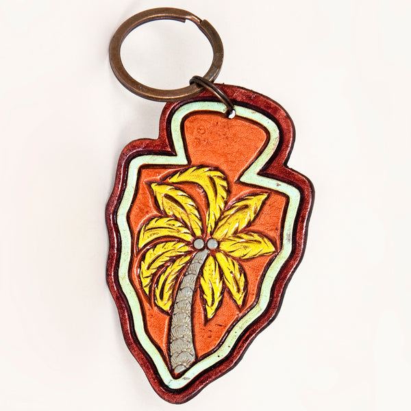 LC-ADKR208 Hand-Tooled Leather Keyring � Arrowhead Shape with Green Cactus & Red Speckled Background