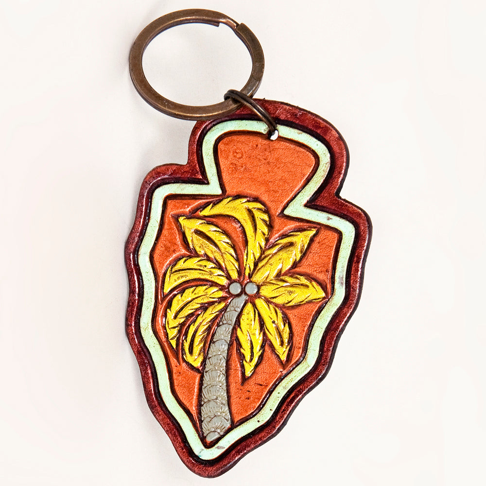 LC-ADKR208 Hand-Tooled Leather Keyring   Arrowhead Shape with Green Cactus & Red Speckled Background