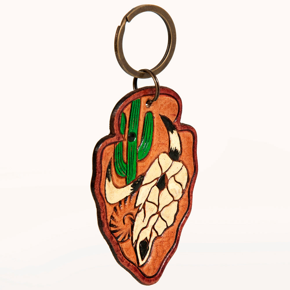 ADKR209 Hand-Tooled Leather Keyring   Arrowhead Shape with Green Cactus & Red Speckled Background