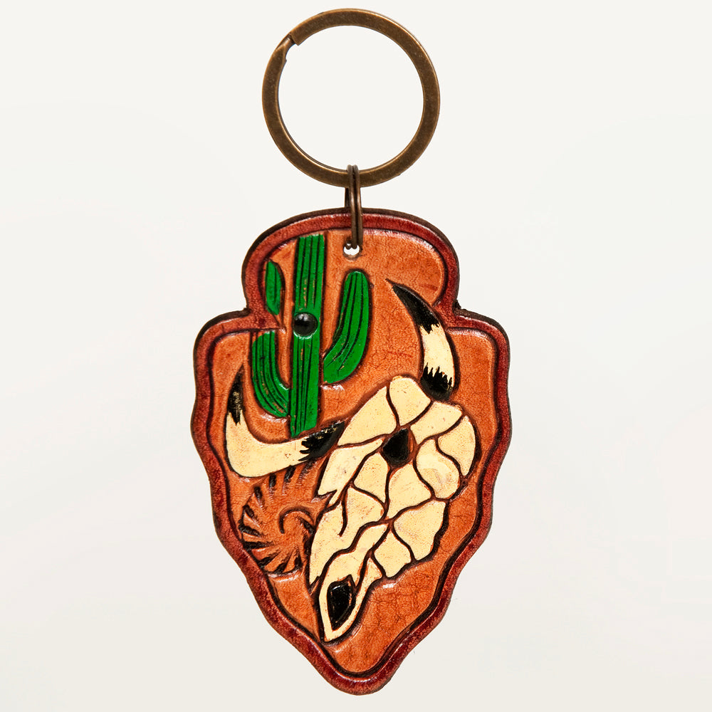 ADKR209 Hand-Tooled Leather Keyring   Arrowhead Shape with Green Cactus & Red Speckled Background