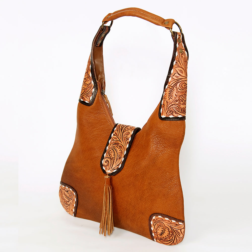 LC-ADBGA237A American Darling Hand-Tooled Leather Hobo Bag Full Grain with Tassel Detail
