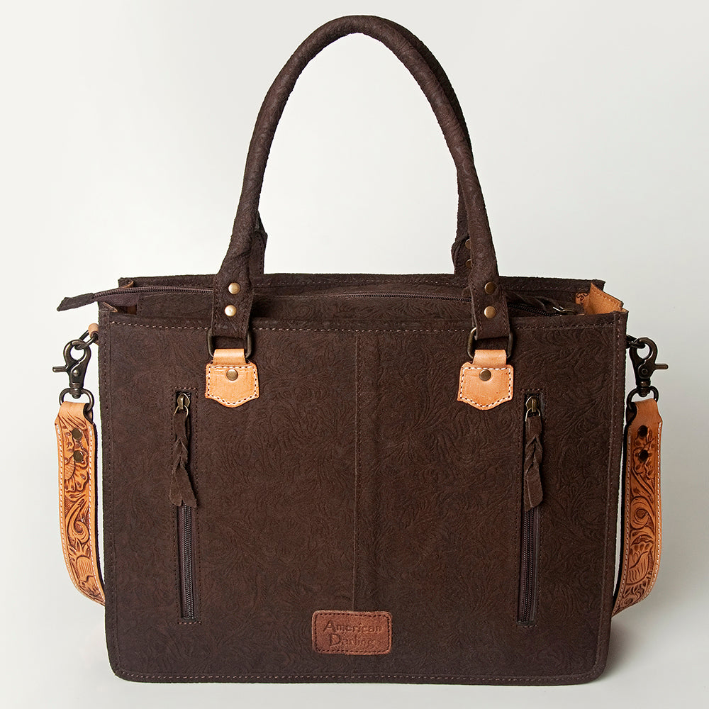 ADBG230 Hand Tooled Leather Tote Bag with Natural Floral Tooled Leather Panels & Fringes