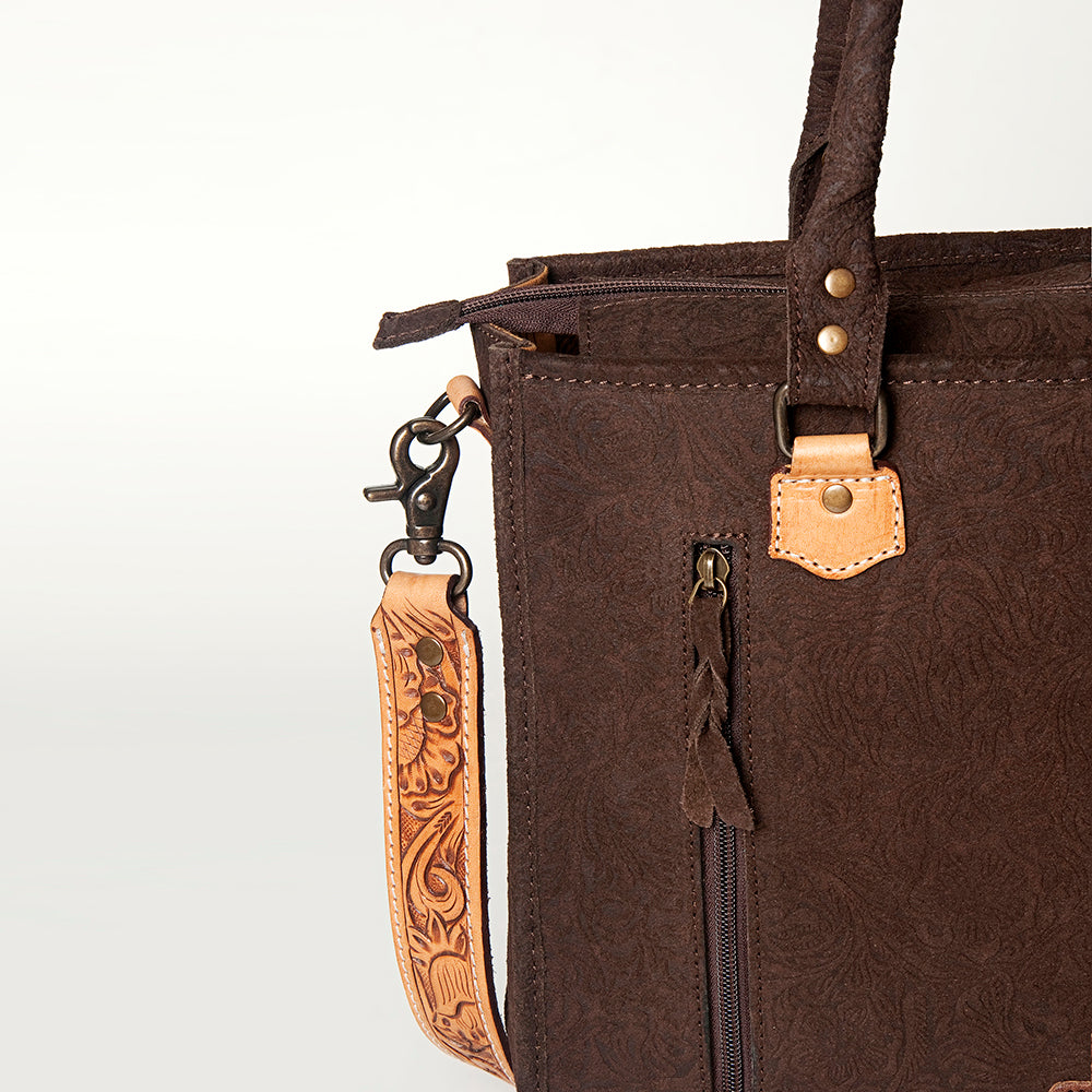 ADBG230 Hand Tooled Leather Tote Bag with Natural Floral Tooled Leather Panels & Fringes