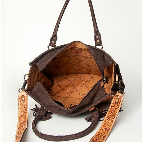 American Darling Western Leather Tote Bag - Hand Tooled Floral Carved Damascus Purse