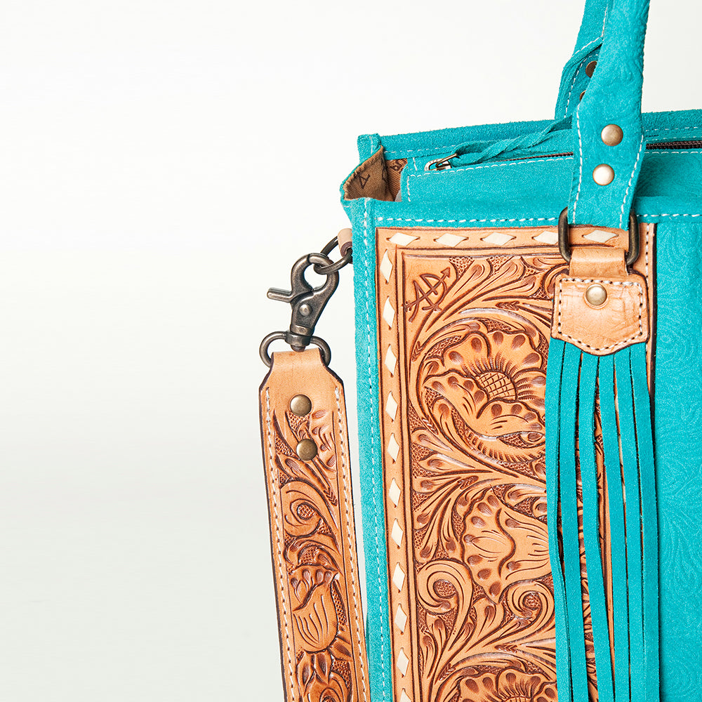 ADBG230 Hand Tooled Leather Tote Bag with Natural Floral Tooled Leather Panels & Fringes