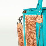 ADBG230 Hand Tooled Leather Tote Bag with Natural Floral Tooled Leather Panels & Fringes