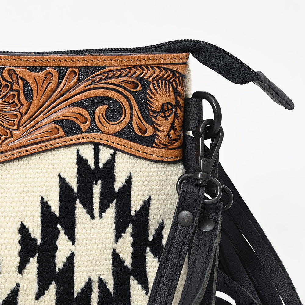 LC-ADBGZ183H Black & White Tribal Wool Crossbody Bag with Tooled Leather and Fringe - Western Purse