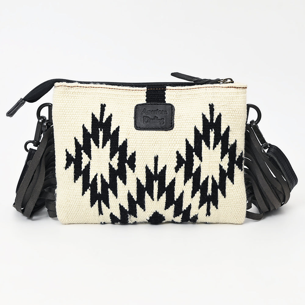 LC-ADBGZ183H Black & White Tribal Wool Crossbody Bag with Tooled Leather and Fringe - Western Purse