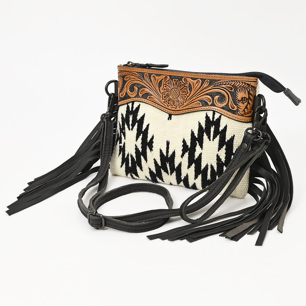 LC-ADBGZ183H Black & White Tribal Wool Crossbody Bag with Tooled Leather and Fringe - Western Purse