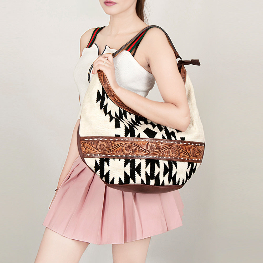 LC-ADBGZ310 Hand Tooled Leather Hobo Bag - Black & White Wool Aztec Shoulder Purse