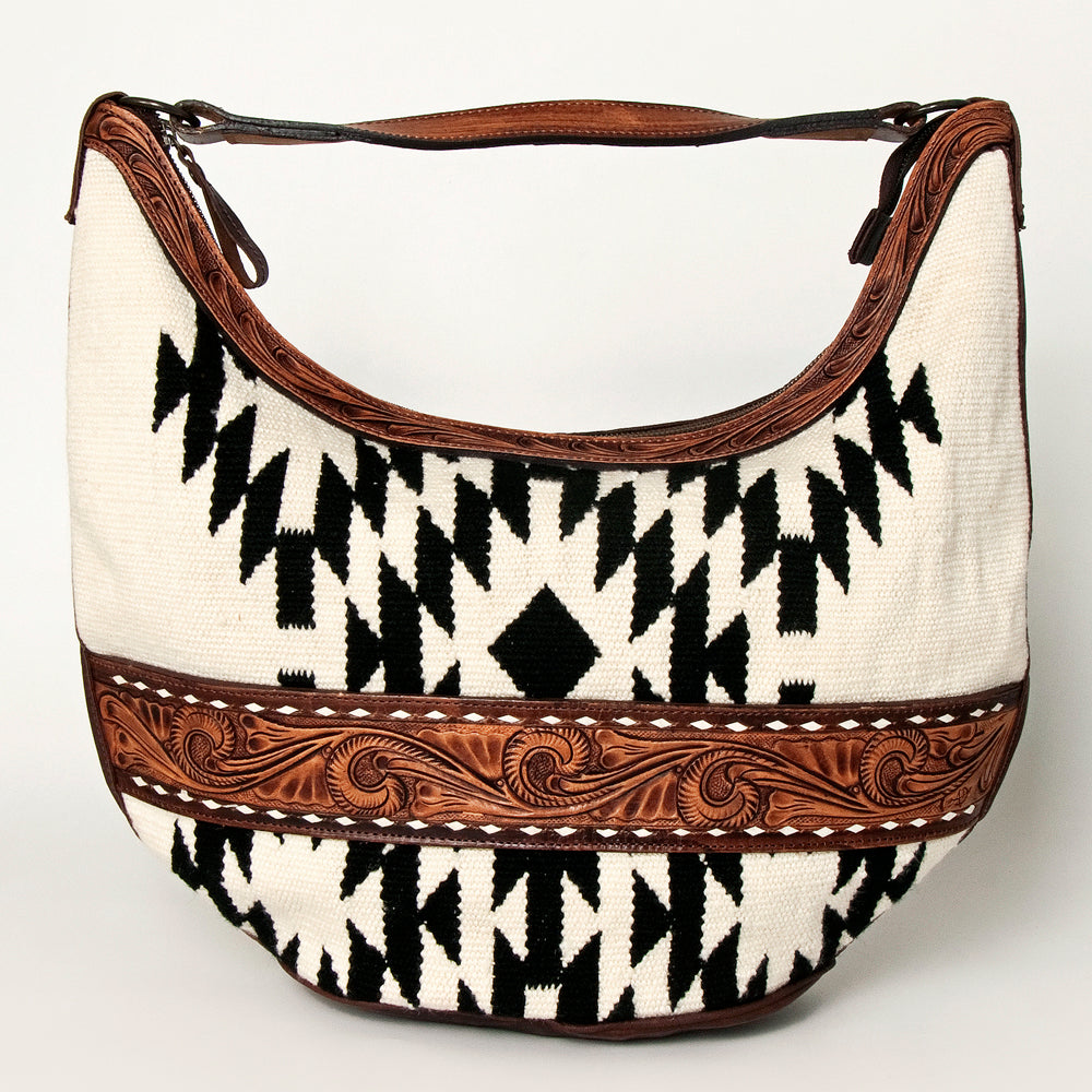 LC-ADBGZ310 Hand Tooled Leather Hobo Bag - Black & White Wool Aztec Shoulder Purse