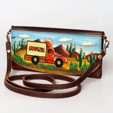 LC-ADBGM112HP15 Hand-Painted Cowgirl Truck Leather Crossbody Clutch – Western Cactus Desert Scene