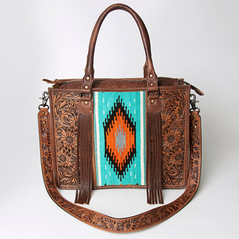 American Darling Western Leather Tote Bag - Hand Tooled Floral & Woven Saddle Blanket