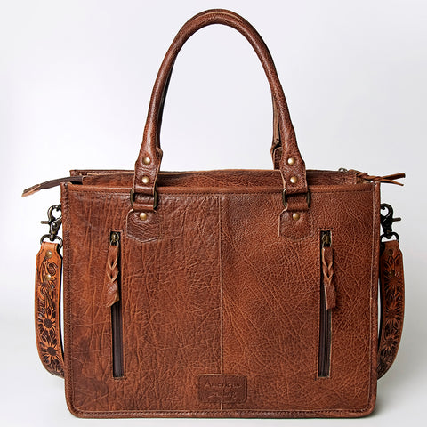 American Darling Western Leather Tote Bag - Hand Tooled Floral & Woven Saddle Blanket