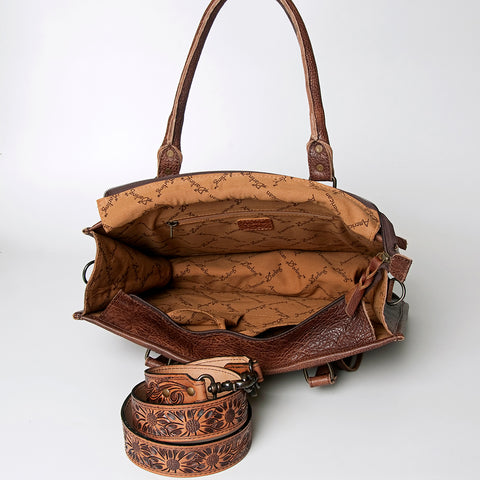 American Darling Western Leather Tote Bag - Hand Tooled Floral & Woven Saddle Blanket