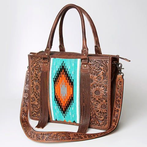 American Darling Western Leather Tote Bag - Hand Tooled Floral & Woven Saddle Blanket