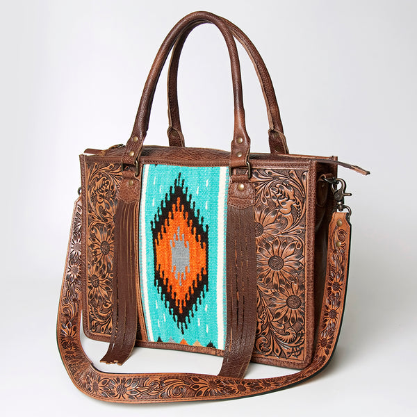 ADBG230 Western Leather Tote Bag with Saddle Blanket, Floral Design & Leather Fringes