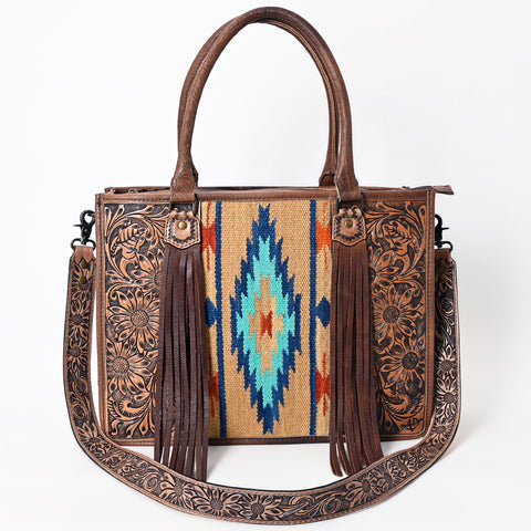 American Darling Western Leather Tote Bag - Hand Tooled Floral & Woven Saddle Blanket