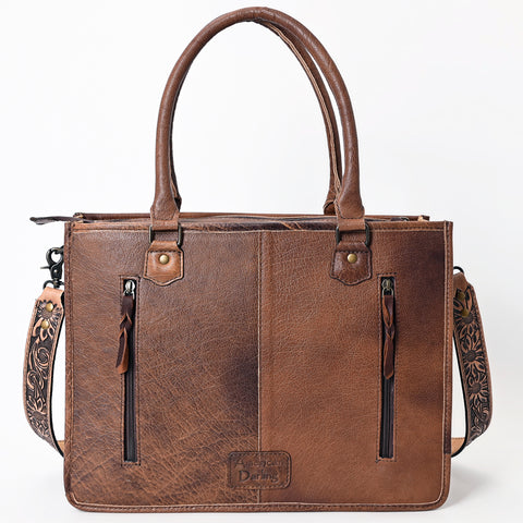 American Darling Western Leather Tote Bag - Hand Tooled Floral & Woven Saddle Blanket