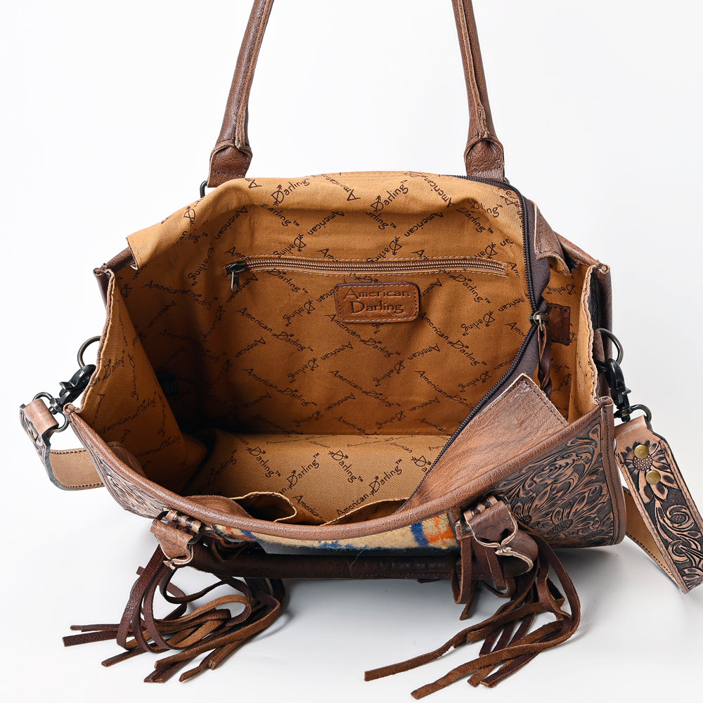 ADBG230 Western Leather Tote Bag with Saddle Blanket, Floral Design & Leather Fringes