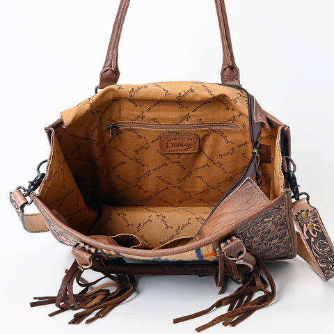 American Darling Western Leather Tote Bag - Hand Tooled Floral & Woven Saddle Blanket